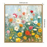Square canvas showing wildflowers in shades of yellow, orange, pink, red, and white with a background of soft blue and green hues, framed in light wood.
