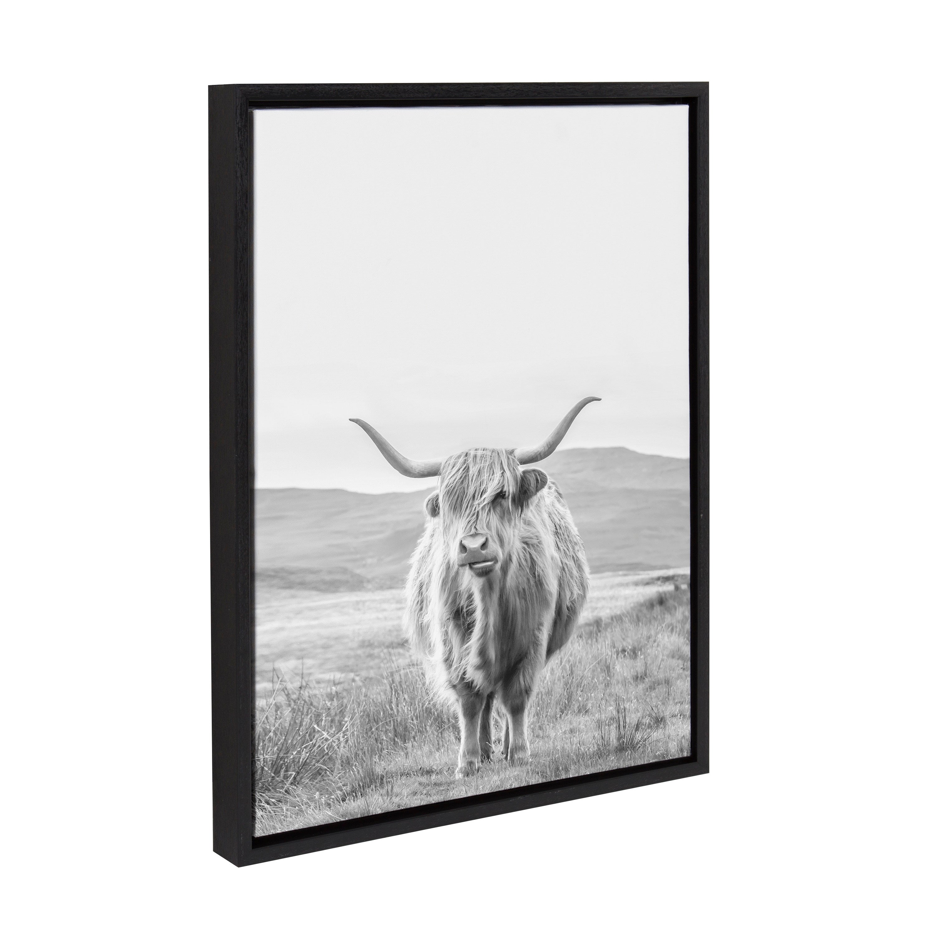 Sylvie Highland Cow Mountain Landscape Black and White Framed Canvas by