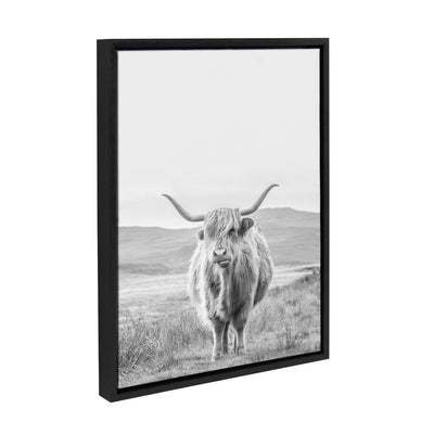 Sylvie Highland Cow Mountain Landscape Black and White Framed Canvas by