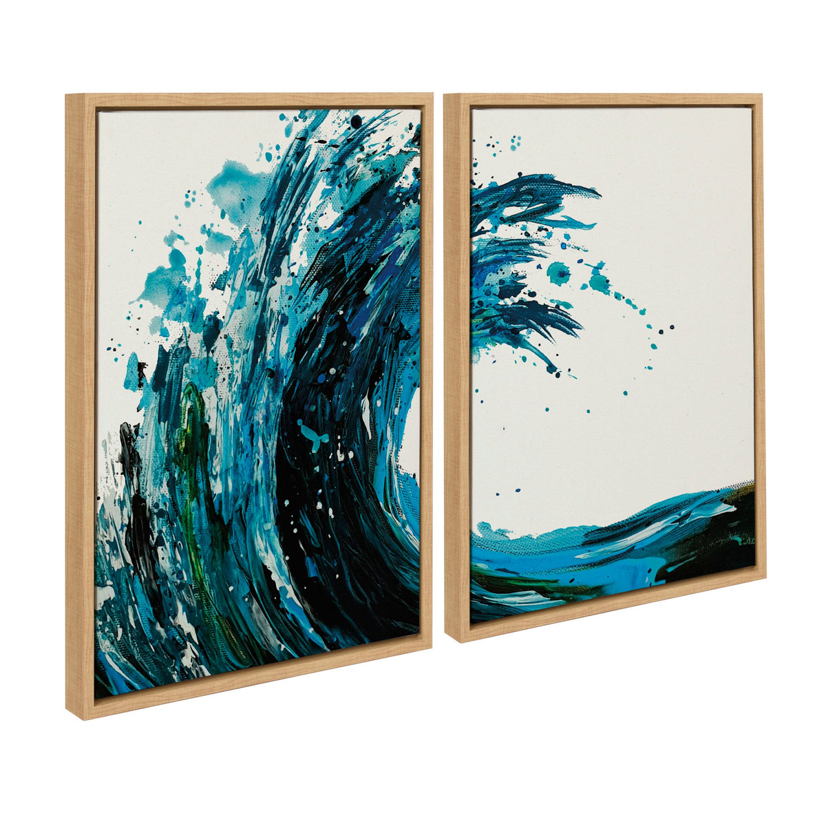Two framed canvas panels side by side, each featuring dynamic blue and black wave-like brushstrokes with splattered paint on a white background.