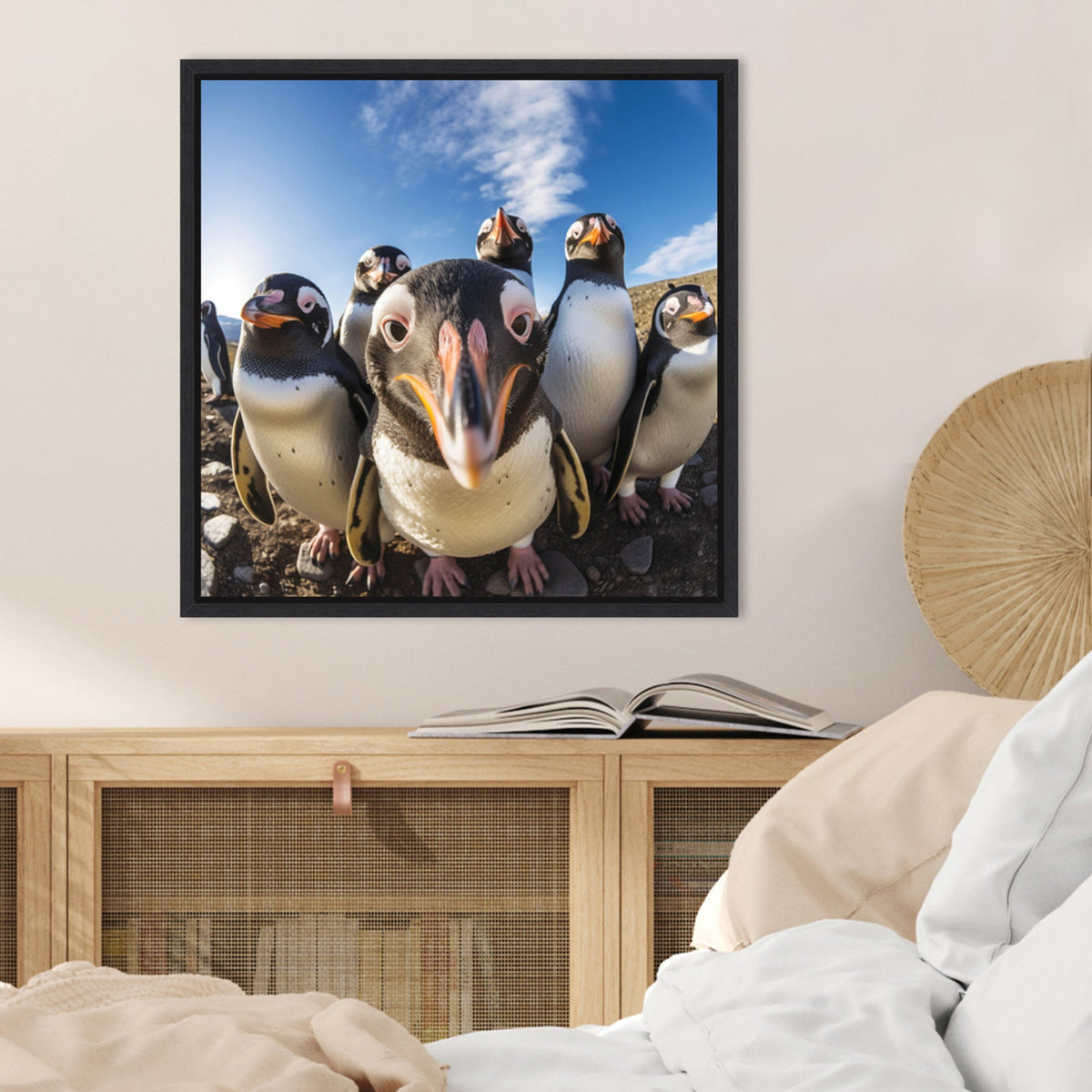 Close-up fisheye view of six curious penguins with black and white feathers and orange beaks under a clear blue sky, framed on a beige wall above wooden cabinet.