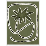 Abstract green canvas featuring a single stylized flower with seven petals in the center, outlined by bold black and white curving lines forming a loose rectangular frame.