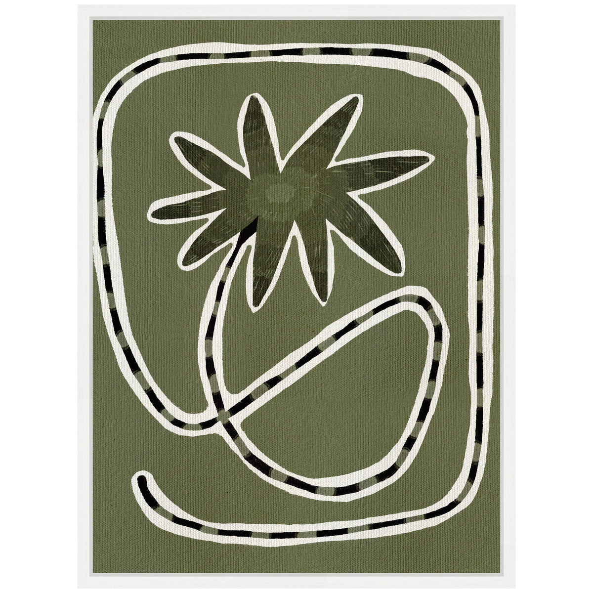 Abstract green canvas featuring a single stylized flower with seven petals in the center, outlined by bold black and white curving lines forming a loose rectangular frame.