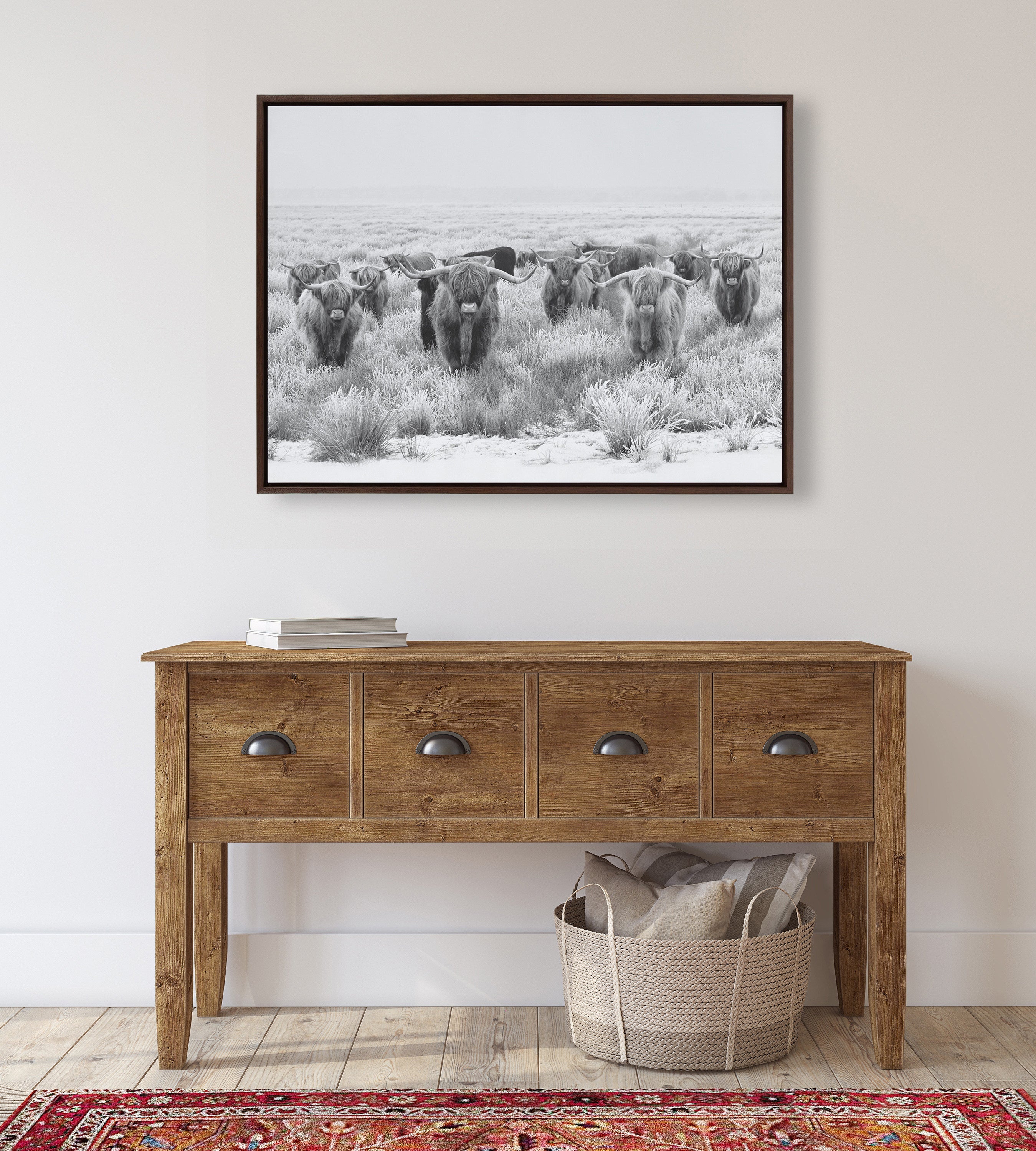 Sylvie Herd of Highland Cows Black and White Framed Canvas by The