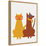 Minimalist illustration of an orange cat and brown dog sitting side by side, both wearing large red and blue glasses, framed in a wooden frame.