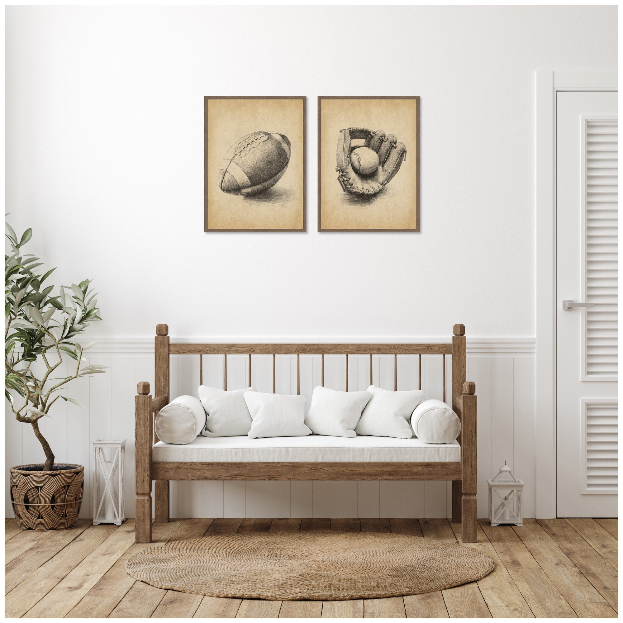 Vintage Football & Baseball 2 Piece Framed Canvas Wall Art Set by The Creative Bunch Studio