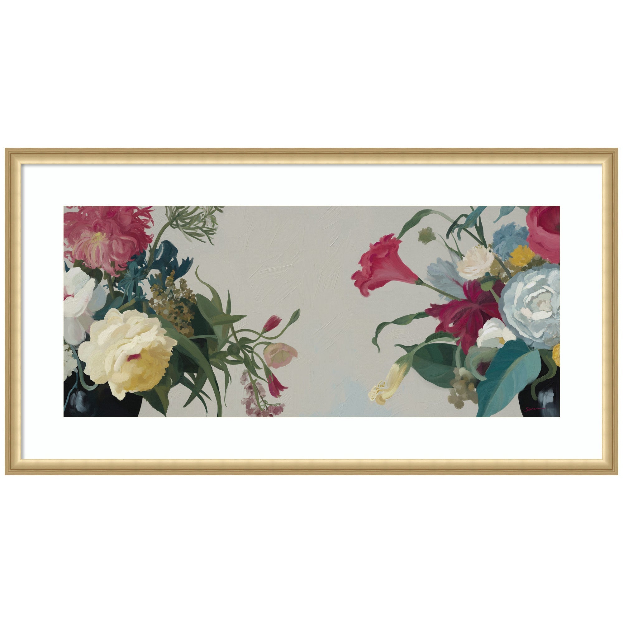 Romantic Blooms by Mary Sparrow framed wall art print in Florence Gold frame, depicting detailed floral imagery