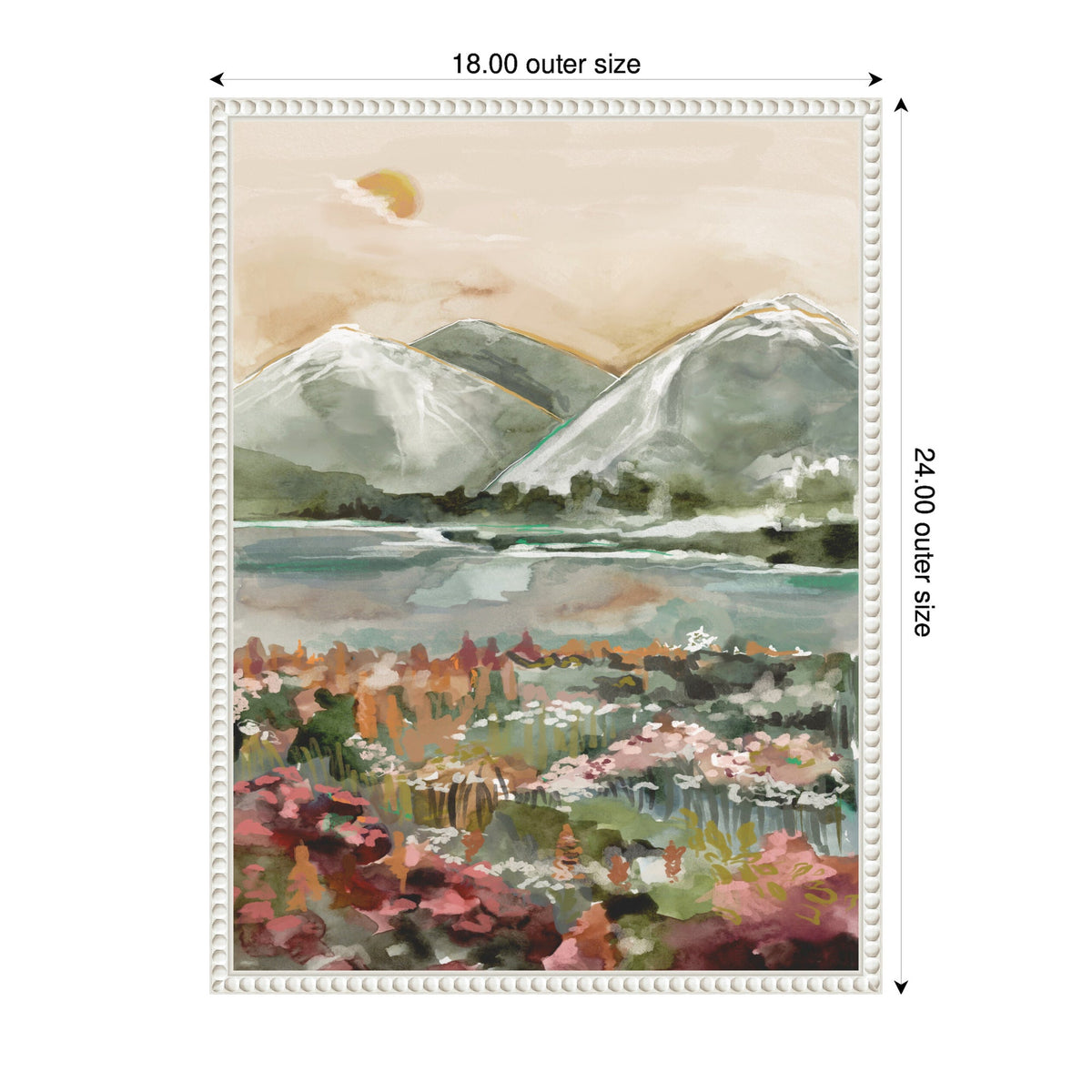 Watercolor landscape painting depicting mountains, a lake, and a foreground of colorful wildflowers in earthy tones, framed with a white beaded edge.