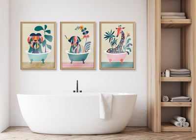 Blake Mid Century Modern Lion in Bathtub Framed Printed Glass