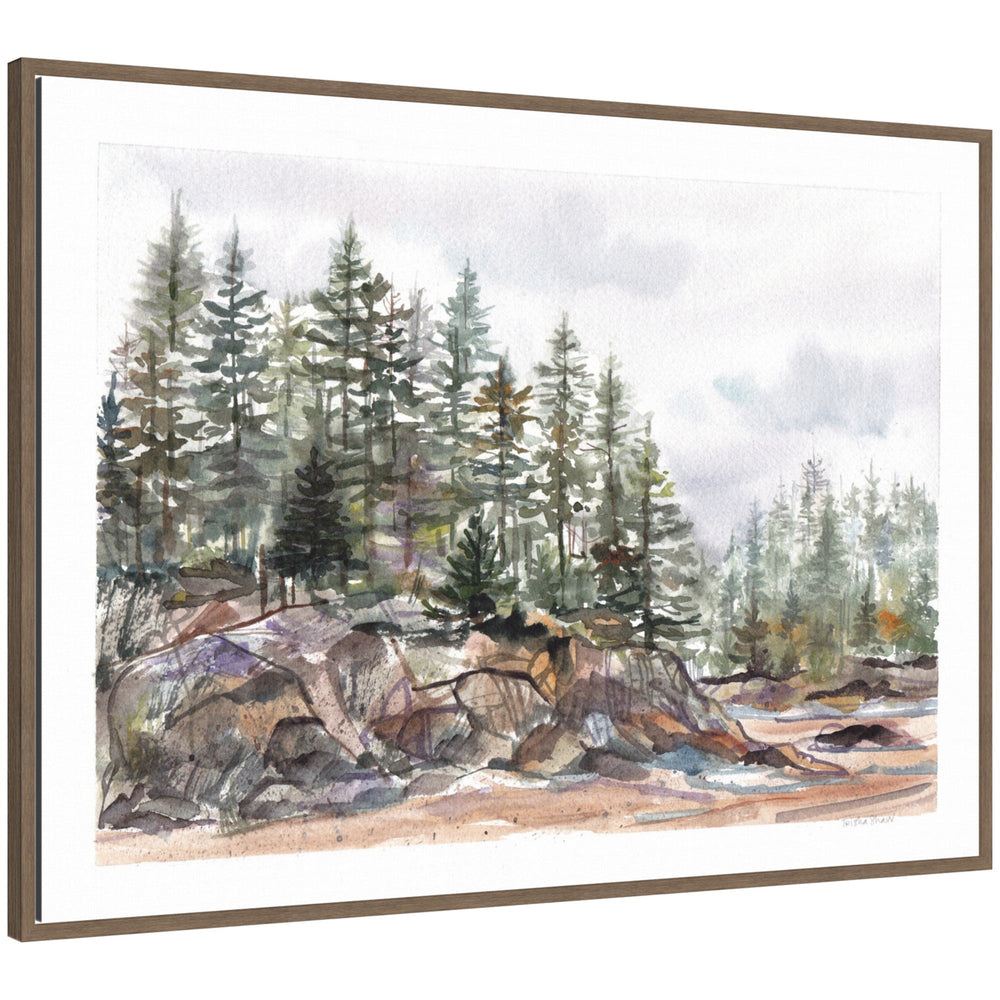 Framed canvas art depicting pine trees on rocky coast with mist, by Patricia Shaw