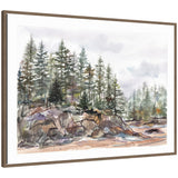 Framed canvas art depicting pine trees on rocky coast with mist, by Patricia Shaw