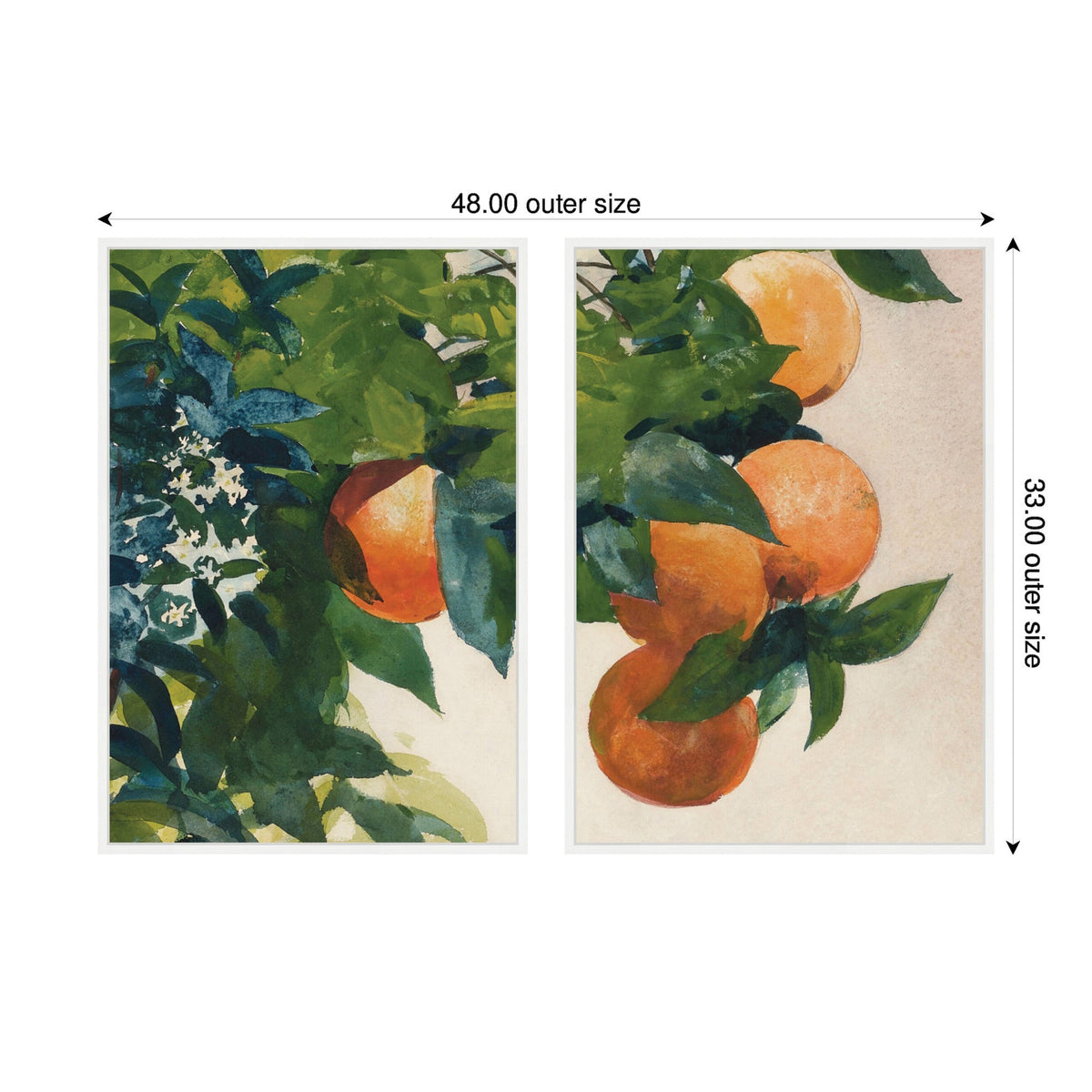 Two framed canvas prints show close-up views of ripe oranges with green leaves and delicate white flowers on branches, in natural colors against light backgrounds.