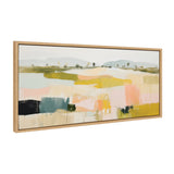 Wide abstract landscape painting with soft greens, pinks, and yellows, featuring blurred tree shapes and layered color blocks in a natural wood frame.