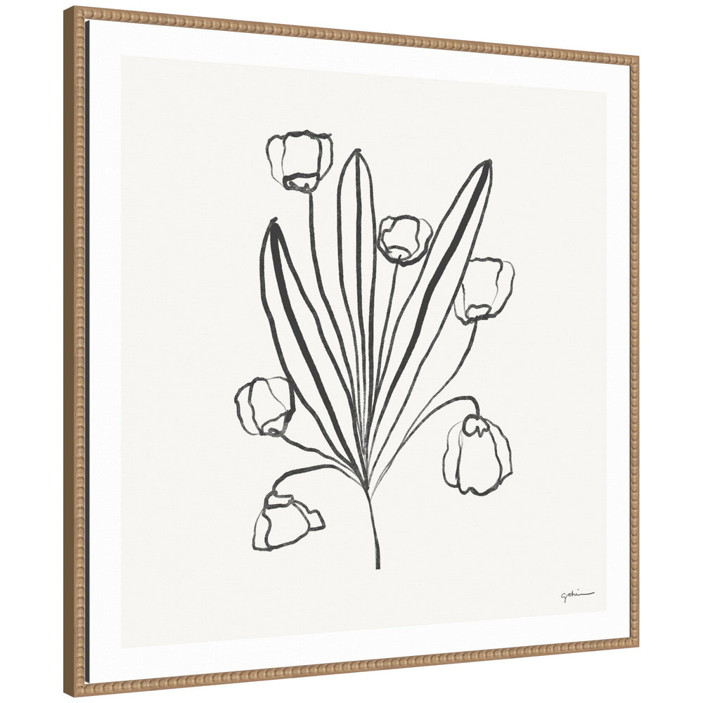 Framed canvas wall art print titled Floral Bouquet by Gabrielly Guedes showing a vibrant floral arrangement in soft tones inside a beaded Sylvie frame.