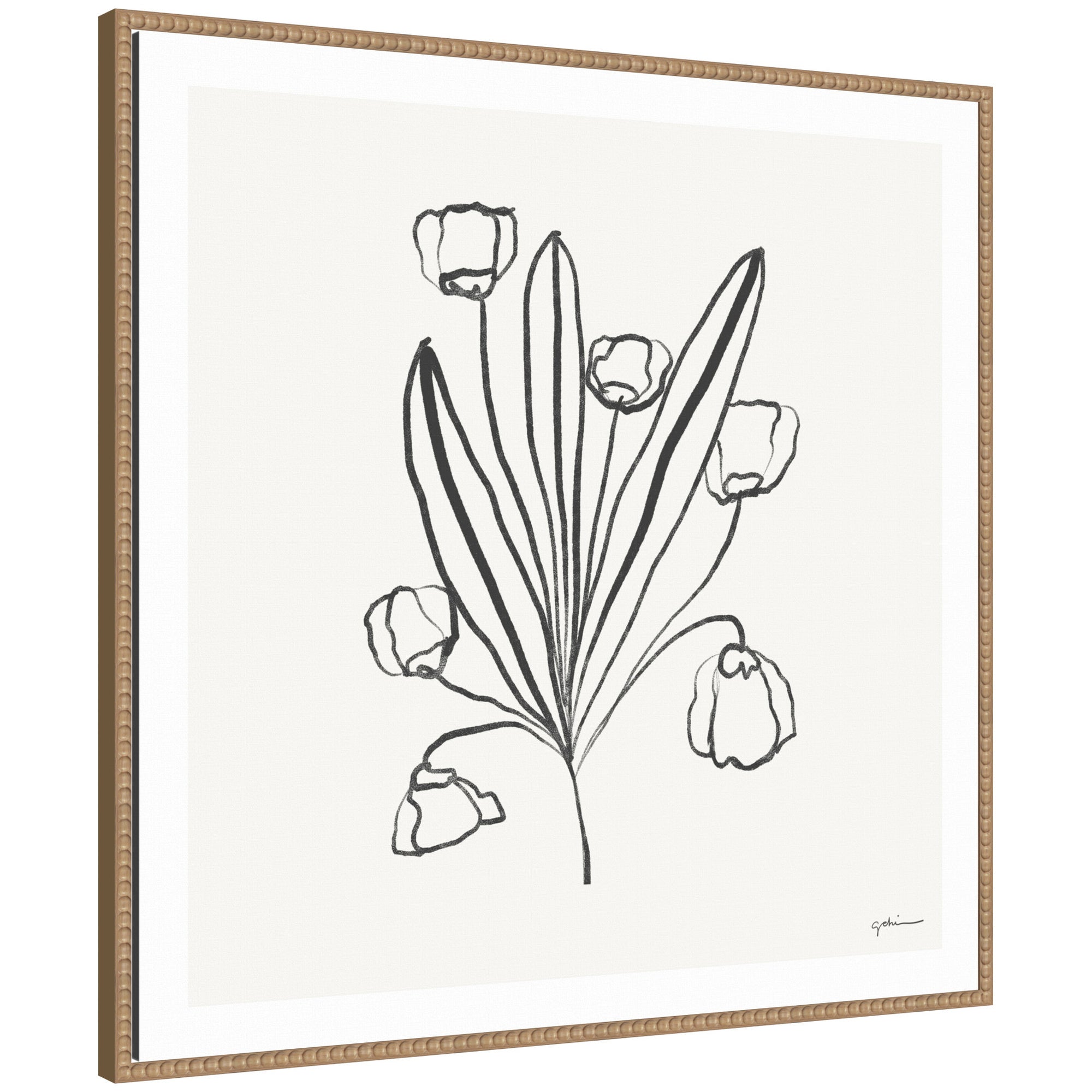 Framed canvas wall art print titled Floral Bouquet by Gabrielly Guedes showing a vibrant floral arrangement in soft tones inside a beaded Sylvie frame.