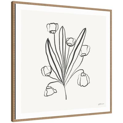 Framed canvas wall art print titled Floral Bouquet by Gabrielly Guedes showing a vibrant floral arrangement in soft tones inside a beaded Sylvie frame.