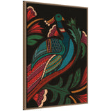 Framed canvas artwork of a stylized peacock in vibrant blues and reds surrounded by large green and red floral foliage on a black background.