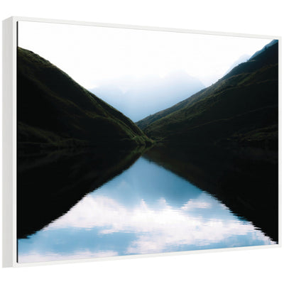 Sylvie Minimalist Mountain Lake Reflection at Sunrise Framed Canvas by Michael Schauer by kateandlaurel
