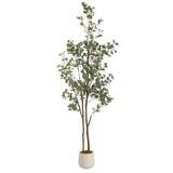 Tall faux eucalyptus tree with slender brown stems and round green leaves, placed in a simple white cylindrical pot with brown soil.