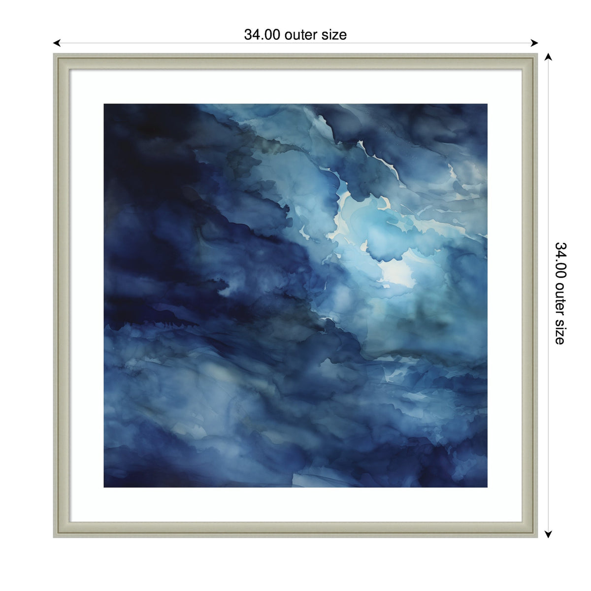 Abstract framed artwork with swirling deep blue and light blue watery patterns creating a rich, fluid texture within a white mat and silver frame.