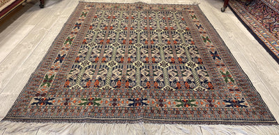 Afghani Area Rug I Ala Bakhmal 5x7 Ft laid flat showing intricate traditional Zahir Shahi Herati pattern with fringe edges