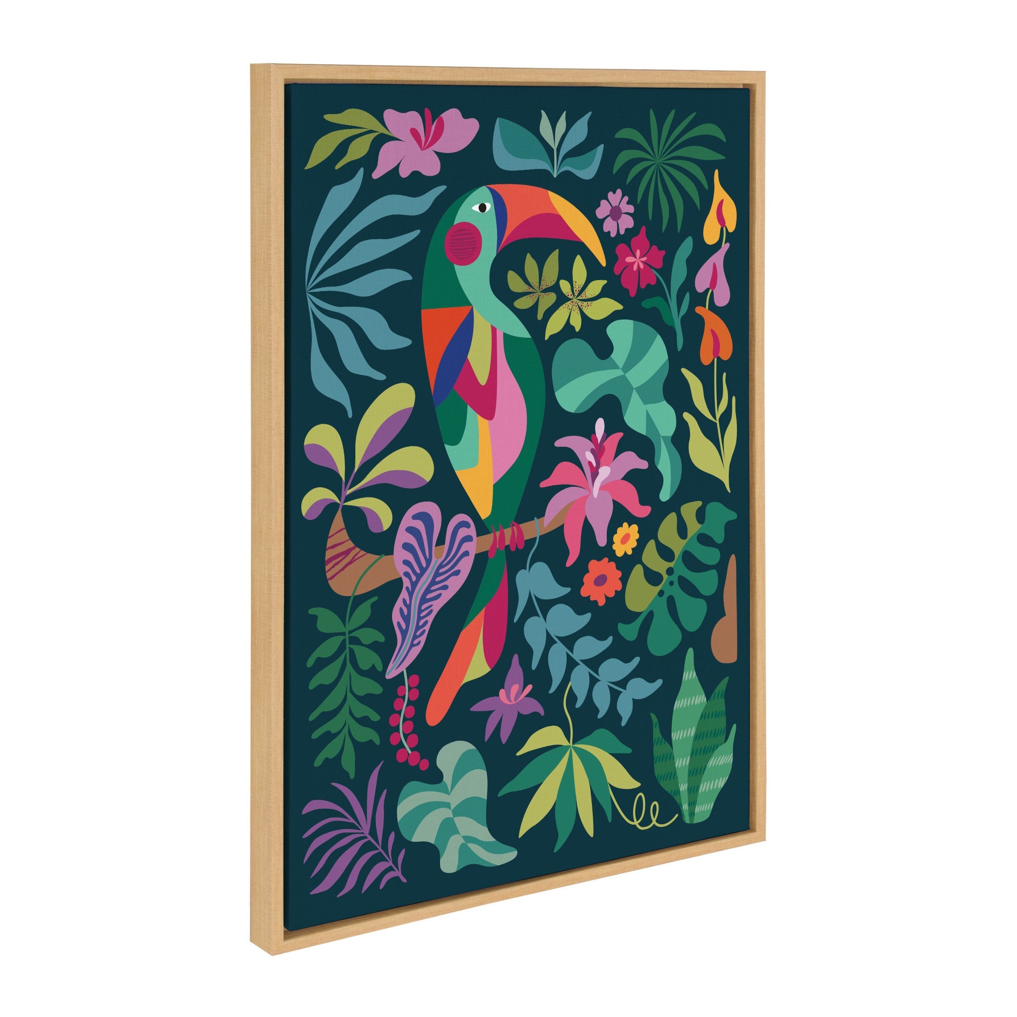 Sylvie Tropical Toucan framed canvas art showing a vivid toucan perched among tropical leaves with colorful background