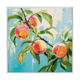 Colorful painting of a peach tree branch with vibrant peaches and lush green leaves set against a textured sky-blue and cream background.