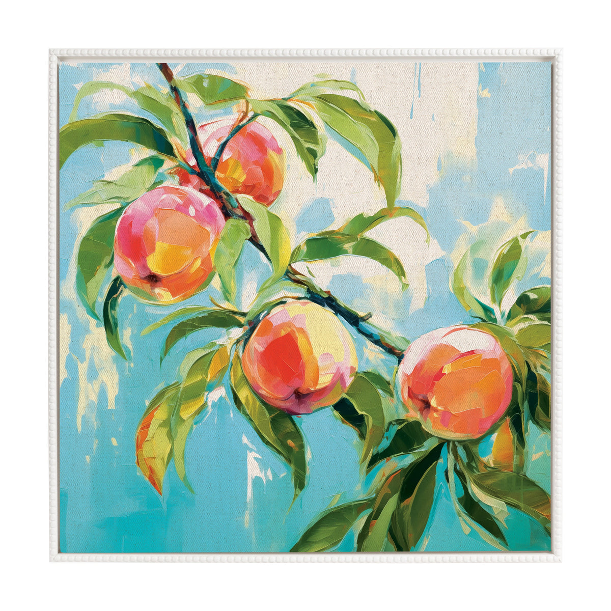 Colorful painting of a peach tree branch with vibrant peaches and lush green leaves set against a textured sky-blue and cream background.
