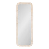 Tall rectangular wall mirror with softly rounded corners and a textured light wood frame featuring subtle grain patterns.