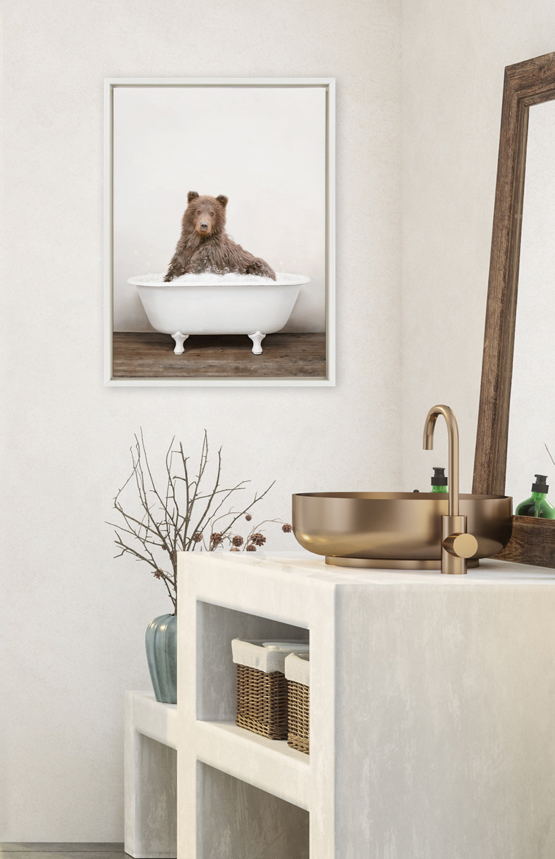 Sylvie Bear Rustic Bubble Bath Framed Canvas by kateandlaurel - product image 10 for Resin Society