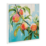 Colorful painting of a peach tree branch with ripe peaches and green leaves against a light blue and beige background, framed with a white beaded edge.