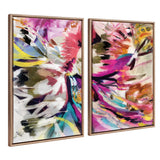Pair of framed canvas art panels with vibrant abstract floral patterns in pinks, blues, yellows, and blacks, featuring dynamic brushstrokes and textured gold beaded frames.