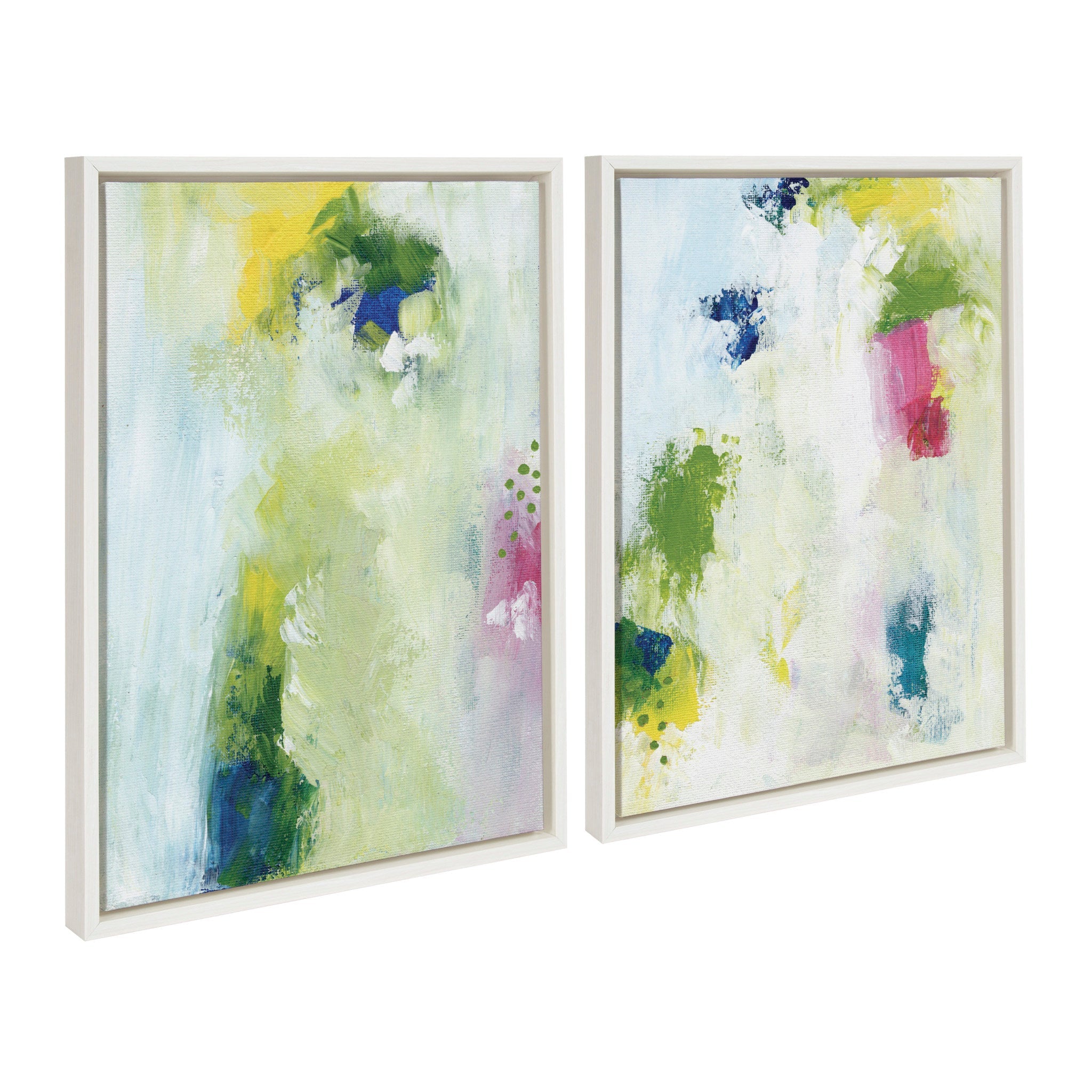 Sylvie Dreamy Maple Forest I and II framed canvas art set by Nikita Jariwala showing two floating canvas prints of maple forest scenes with soft brushstrokes.