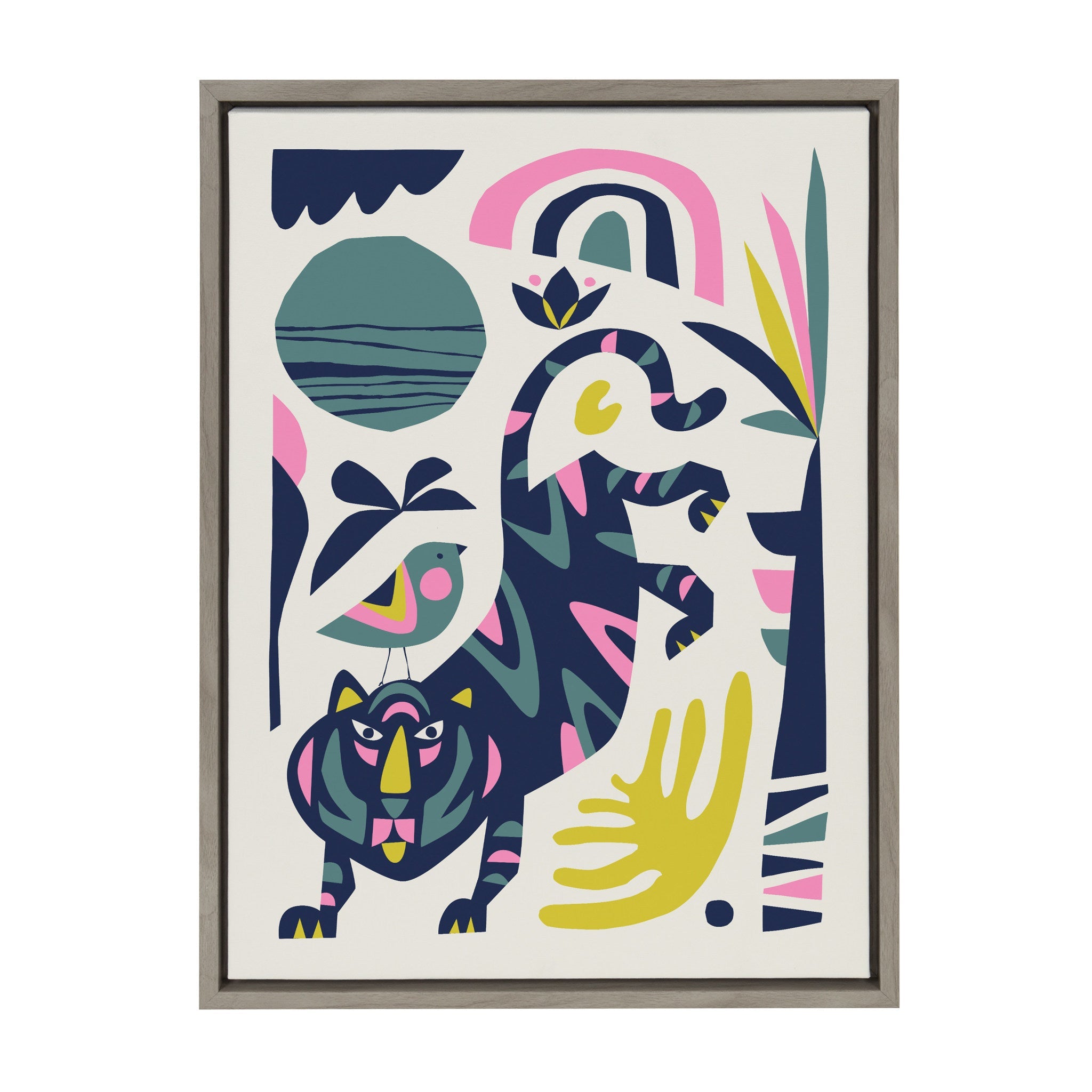 Sylvie Mid Century Modern Tiger and Bird Framed Canvas by kateandlaurel - main product image for Resin Society