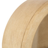 Close-up of a smooth, light beige wooden arch with a gentle curve and a visible seam running along its surface against a white background.