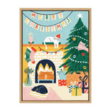 Illustration of three cats around a decorated Christmas tree and a lit fireplace with stockings, gifts, and a 'Merry Christmas' banner overhead.
