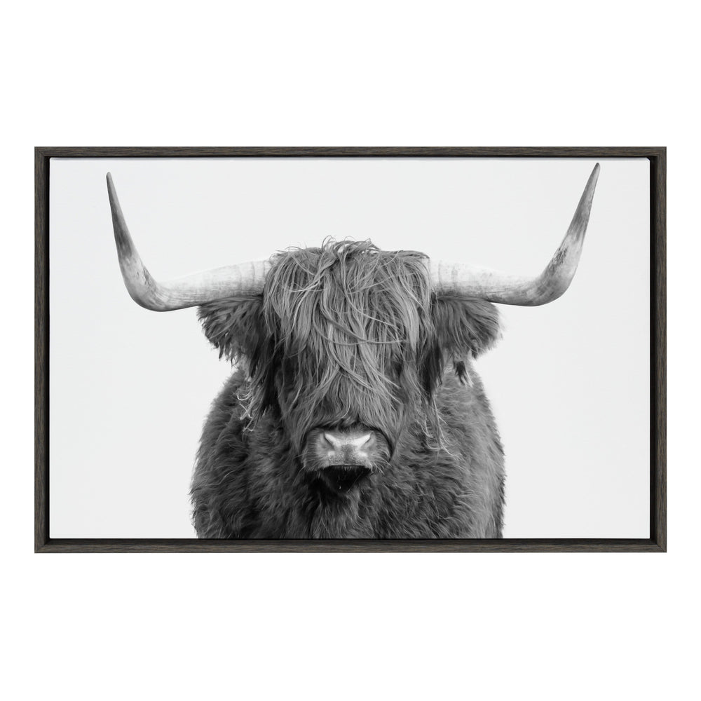 Black and white frontal portrait of a Highland cow with long shaggy hair covering its eyes and large curved horns, framed in a dark wood frame.