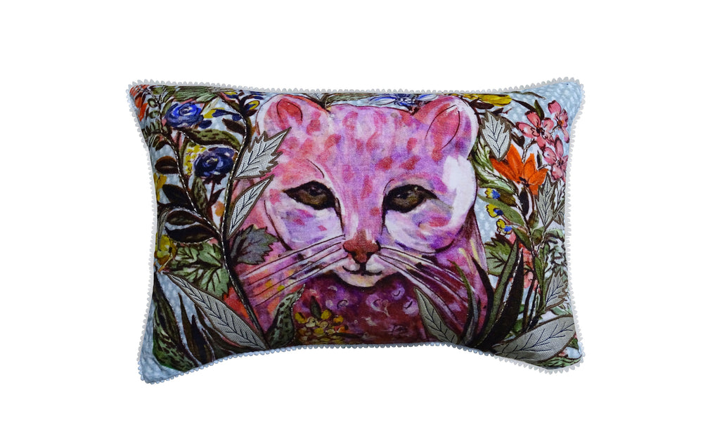 Decorative pillow featuring a hand illustrated cat design on front and solid color back