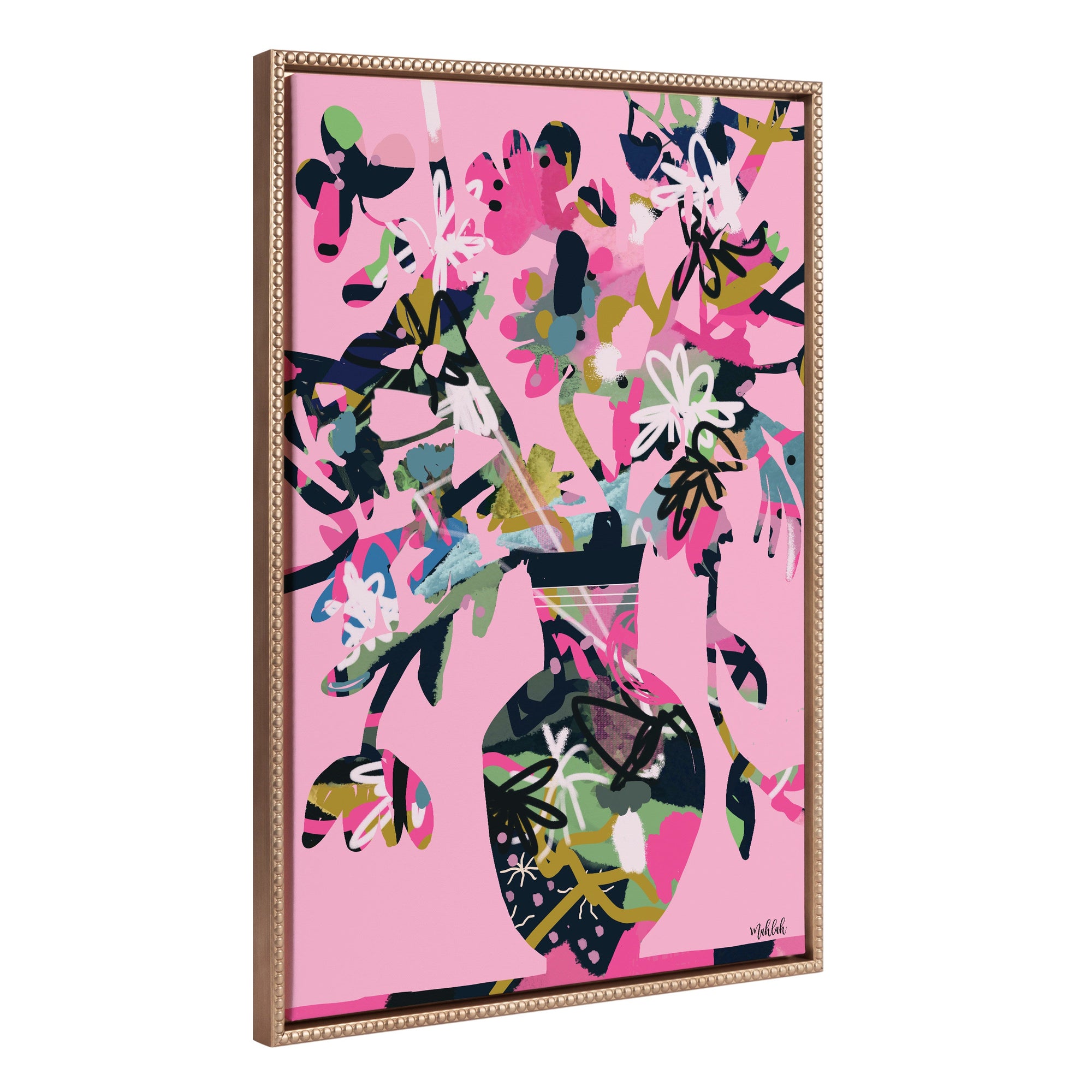 Sylvie Beaded Pinnacle Vase framed canvas art showing colorful floral vase with vintage beaded gold frame
