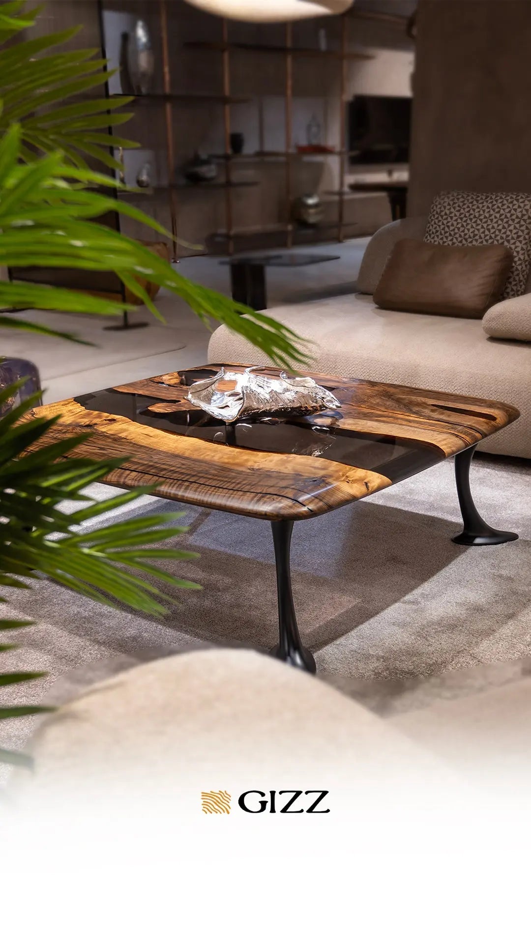 Luxury Epoxy Resin River Walnut Coffee Table with aluminum cast legs from the Osso Collection