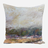 Square pillow featuring an abstract landscape with textured brushstrokes in muted beige, green, purple, and blue tones under a cloudy sky.