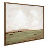 Framed abstract landscape painting with muted green field, soft brown hills, and pale cloudy sky, rendered in loose brushstrokes by Mackenzie Nelson.