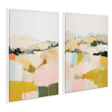 Two abstract landscape paintings with soft pastel tones of yellow, pink, green, and black, framed in white with beaded edges, showing blurred hills and vegetation.