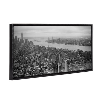 Black and white framed canvas print depicting New York cityscape with vintage beaded frame