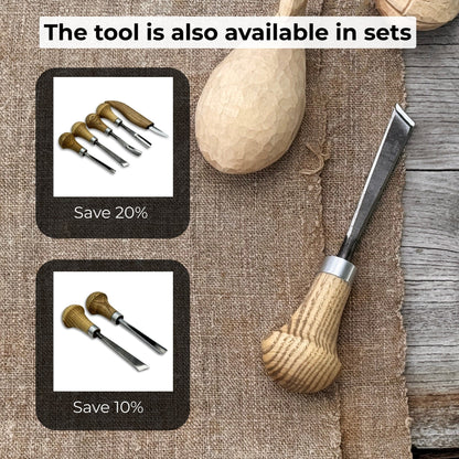 Angled bevel carving chisel with palm handle, 10 mm blade, hand-forged high-carbon steel blade and ash wood handle