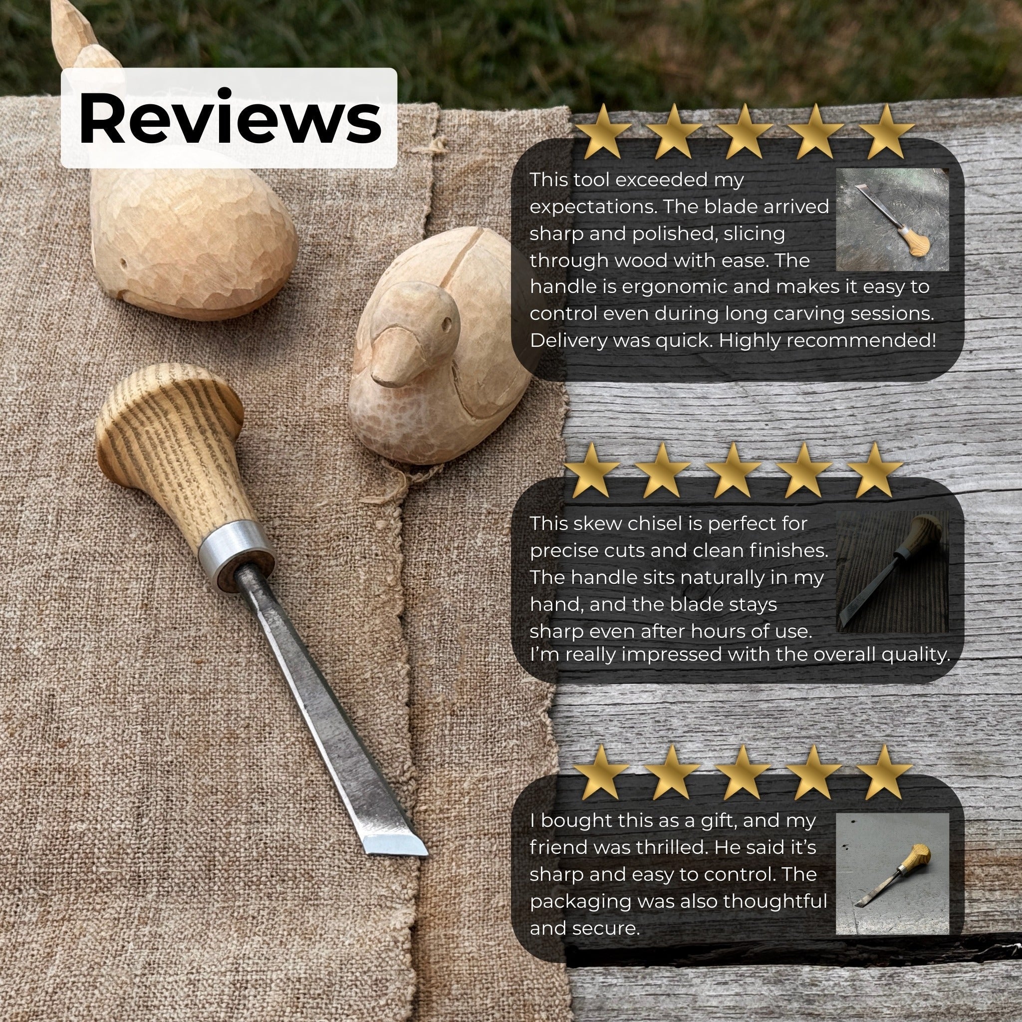 Angled bevel carving chisel with palm handle, 10 mm blade, hand-forged high-carbon steel blade and ash wood handle