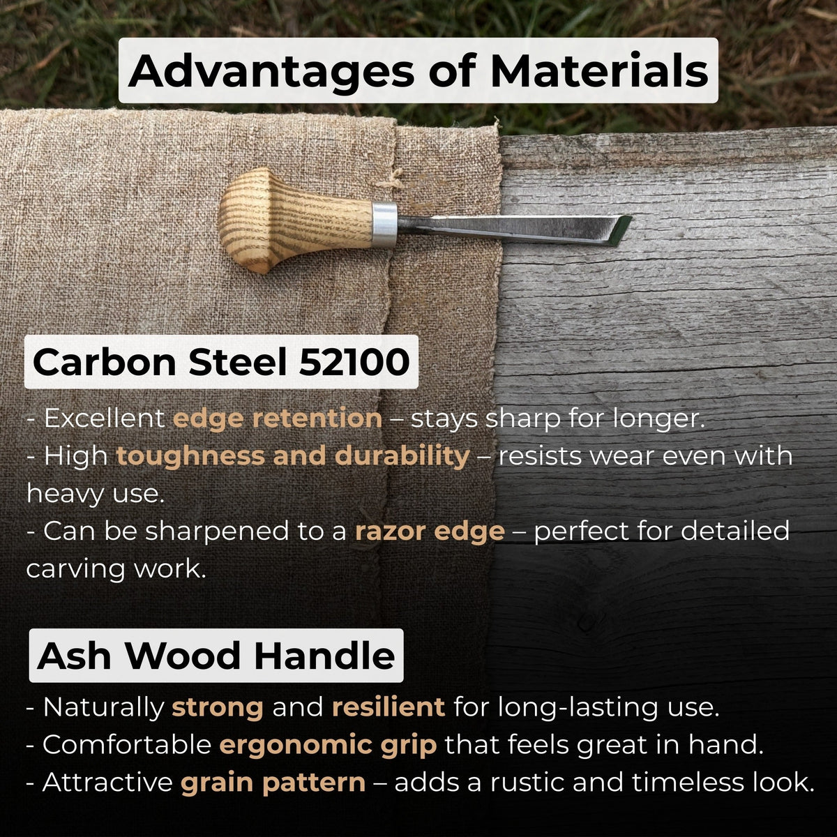 Angled bevel carving chisel with palm handle, 10 mm blade, hand-forged high-carbon steel blade and ash wood handle