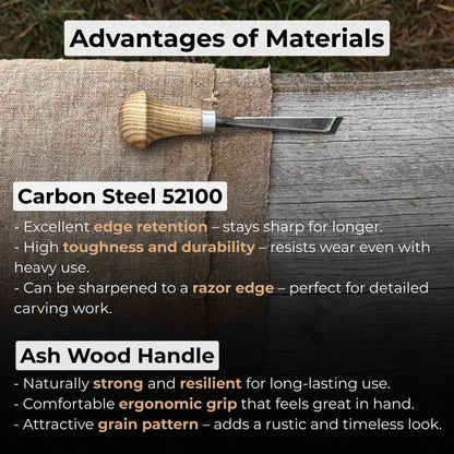 Angled bevel carving chisel with palm handle, 10 mm blade, hand-forged high-carbon steel blade and ash wood handle