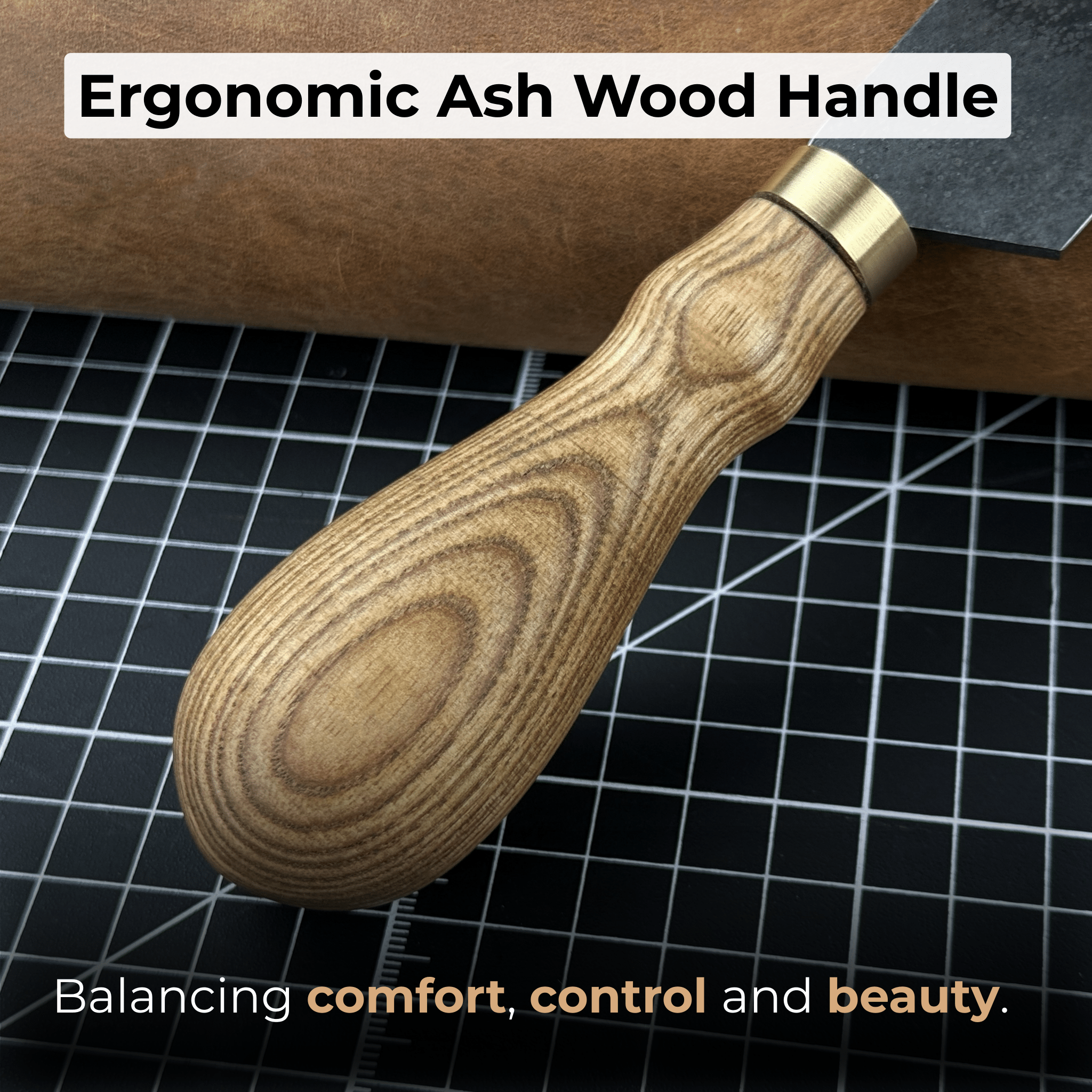 Angled Leather Skiving Knife with ash wood handle and sharp high-carbon steel blade