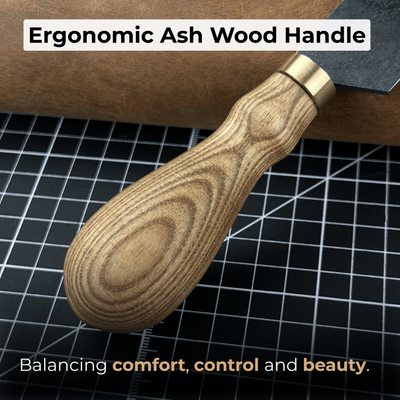 Angled Leather Skiving Knife with ash wood handle and sharp high-carbon steel blade